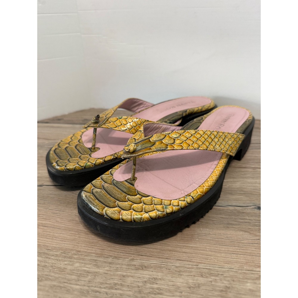 Taryn Rose Yellow Snakeskin Embossed Platform Flip Flop Sandals Italy 40.5